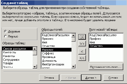 Мастер создания таблиц